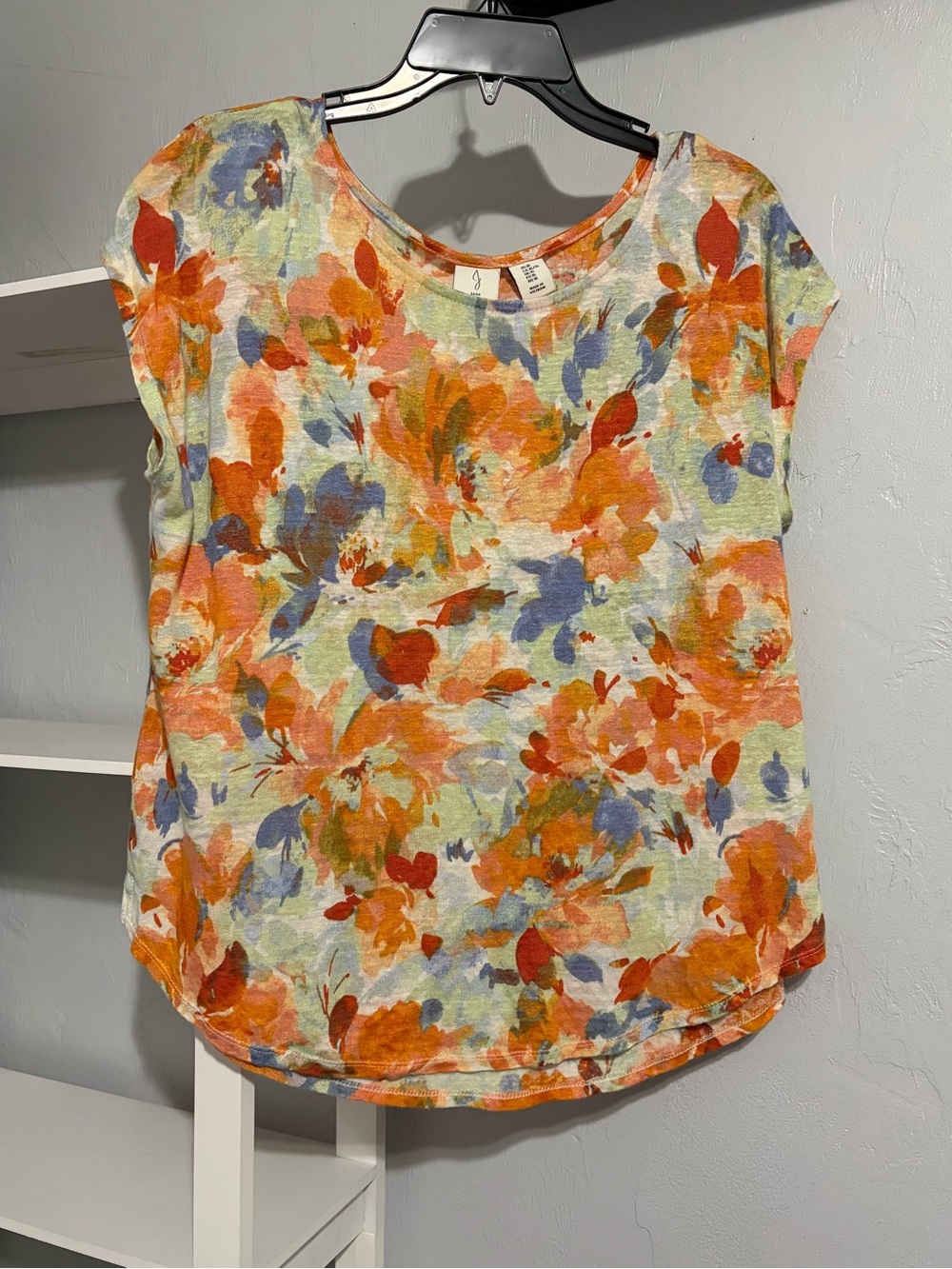 Joie Linen Orange Multi Floral Scoop-Neck Tee